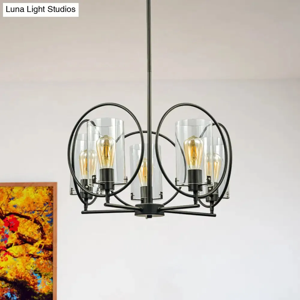 Farmhouse 5-Light Black Chandelier with Clear Glass Cylinder Shades and Hoop Design