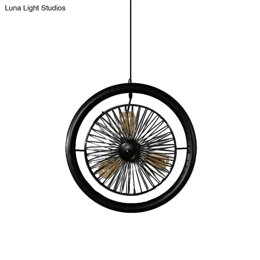 Farmhouse Kitchen Hanging Lamp with Brass/Black Finish - Circle Cage Metal Fixture, 3 Lights & Fan Design