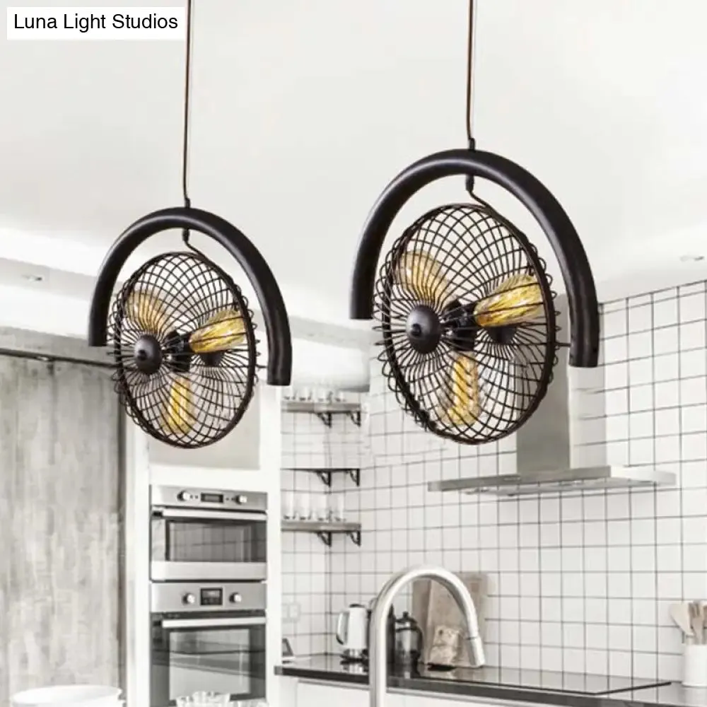 Farmhouse Kitchen Hanging Lamp with Brass/Black Finish - Circle Cage Metal Fixture, 3 Lights & Fan Design