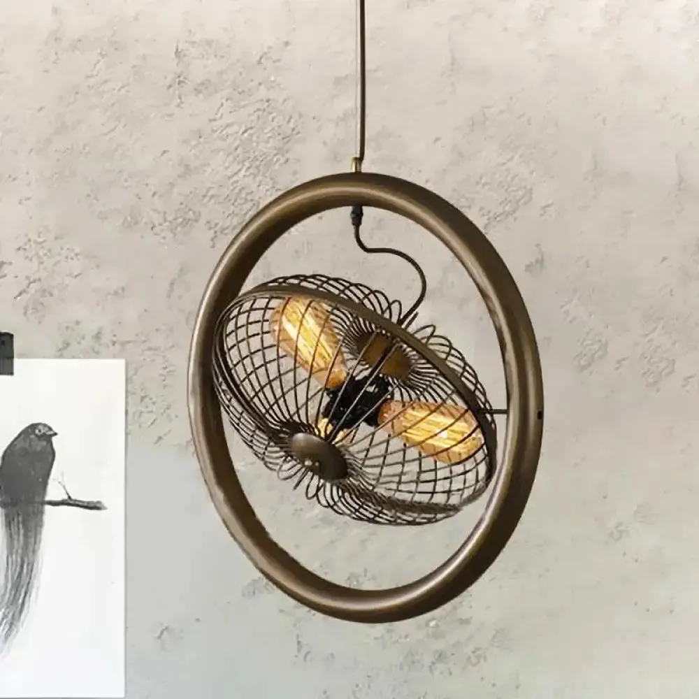 Farmhouse Kitchen Hanging Lamp with Brass/Black Finish - Circle Cage Metal Fixture, 3 Lights & Fan Design