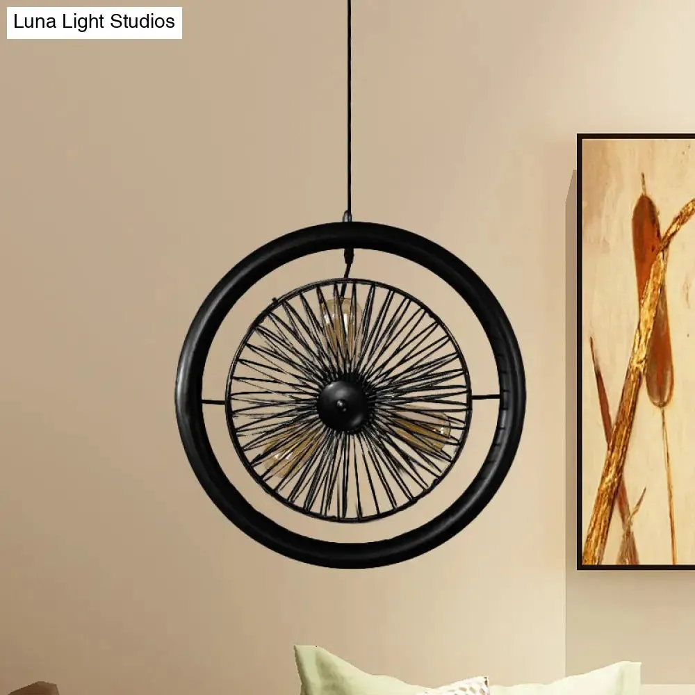 Farmhouse Kitchen Hanging Lamp with Brass/Black Finish - Circle Cage Metal Fixture, 3 Lights & Fan Design