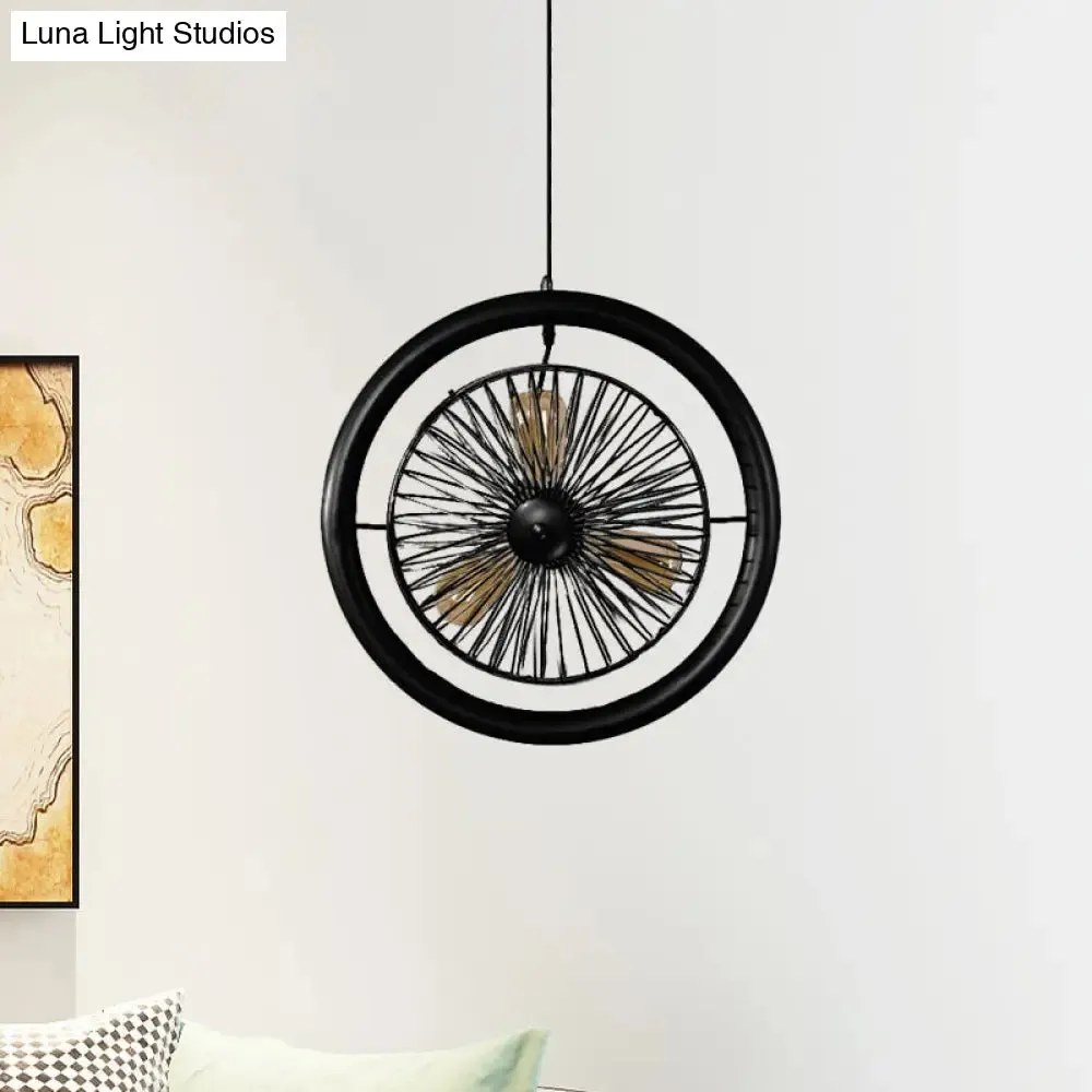 Farmhouse Kitchen Hanging Lamp with Brass/Black Finish - Circle Cage Metal Fixture, 3 Lights & Fan Design