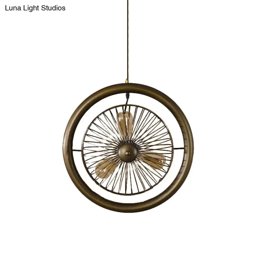 Farmhouse Kitchen Hanging Lamp with Brass/Black Finish - Circle Cage Metal Fixture, 3 Lights & Fan Design