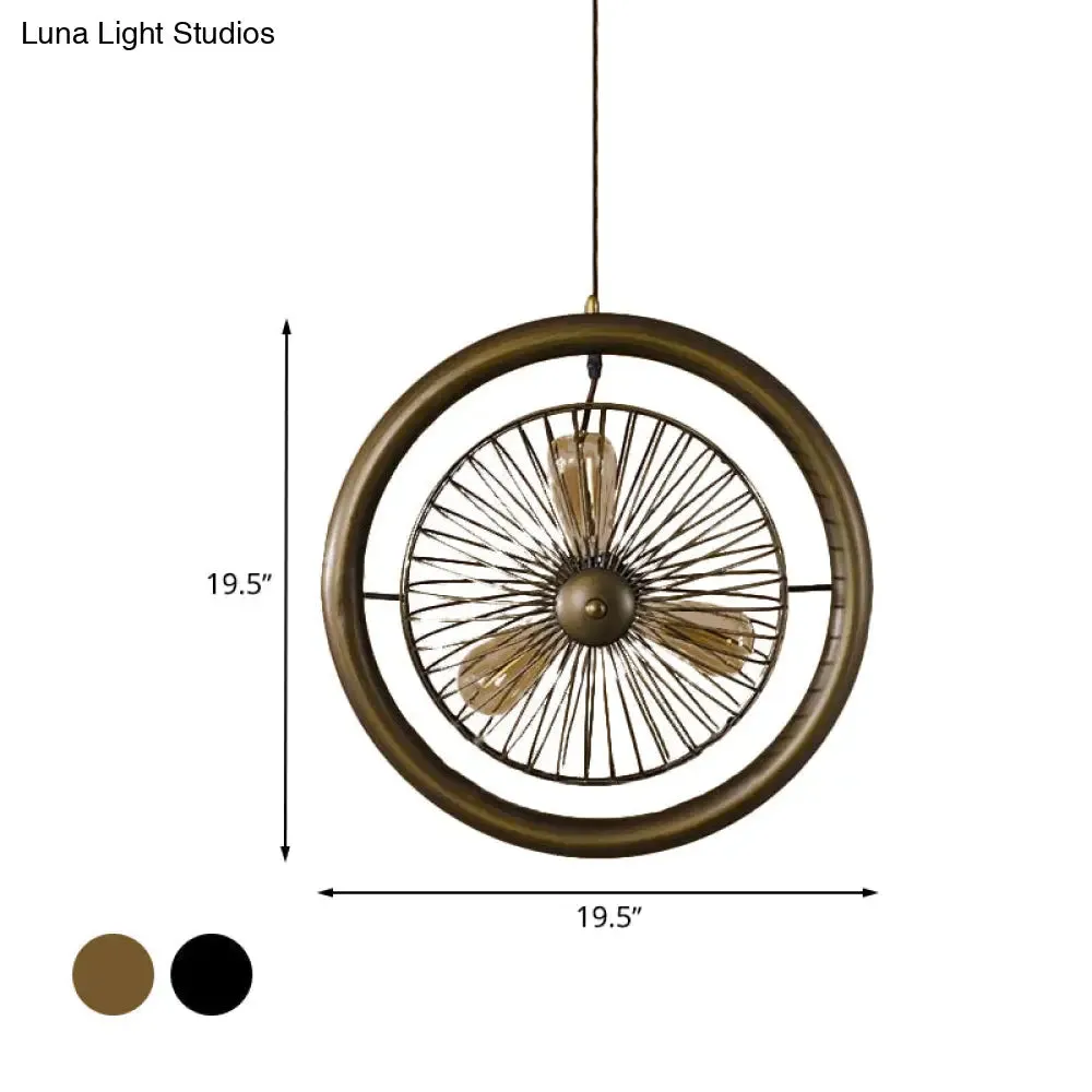 Farmhouse Kitchen Hanging Lamp with Brass/Black Finish - Circle Cage Metal Fixture, 3 Lights & Fan Design