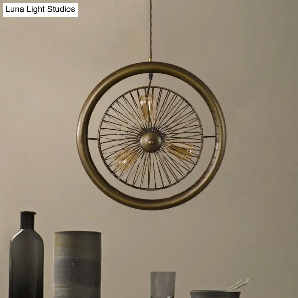 Farmhouse Kitchen Hanging Lamp with Brass/Black Finish - Circle Cage Metal Fixture, 3 Lights & Fan Design