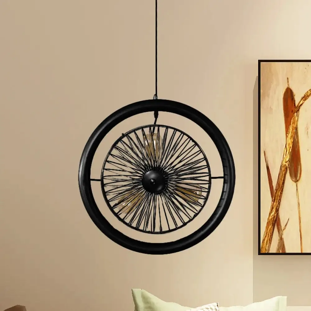 Farmhouse Kitchen Hanging Lamp with Brass/Black Finish - Circle Cage Metal Fixture, 3 Lights & Fan Design