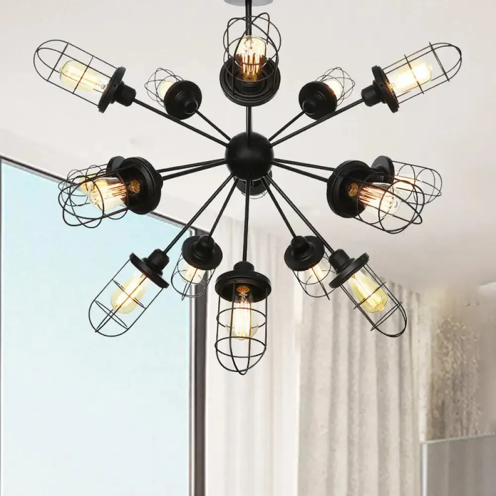 Farmhouse Style Iron Caged Chandelier - 9/12/15 Lights, Sputnik Design, Black Finish