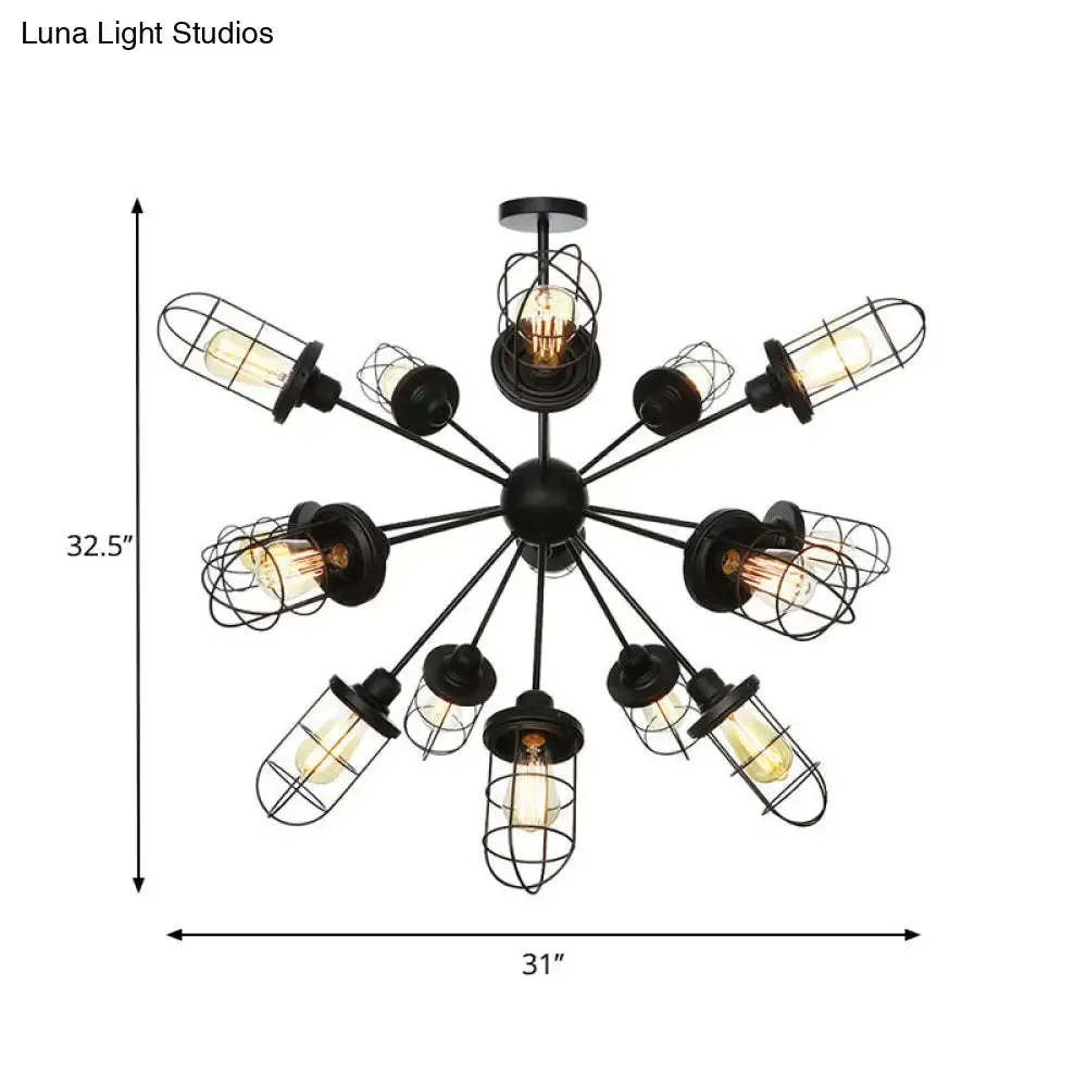 Farmhouse Style Iron Caged Chandelier - 9/12/15 Lights, Sputnik Design, Black Finish