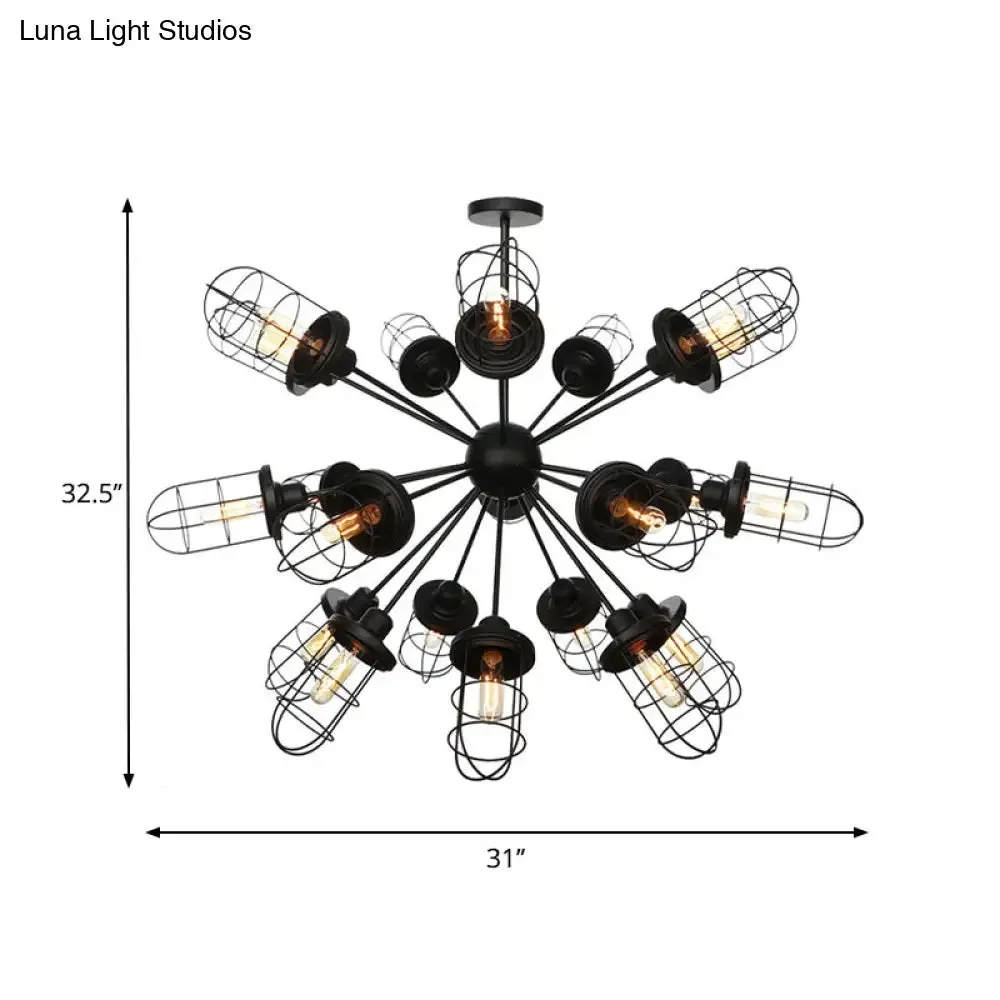 Farmhouse Style Iron Caged Chandelier - 9/12/15 Lights, Sputnik Design, Black Finish