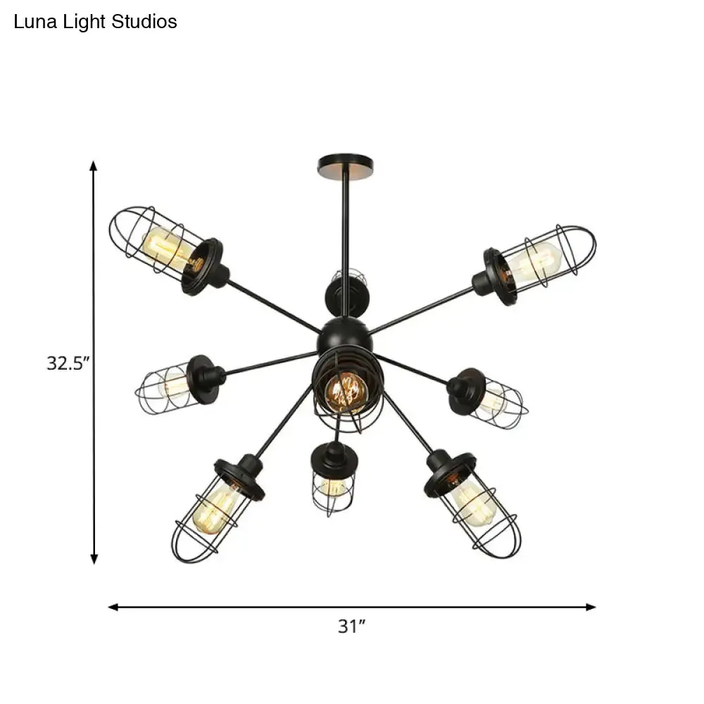 Farmhouse Style Iron Caged Chandelier - 9/12/15 Lights, Sputnik Design, Black Finish