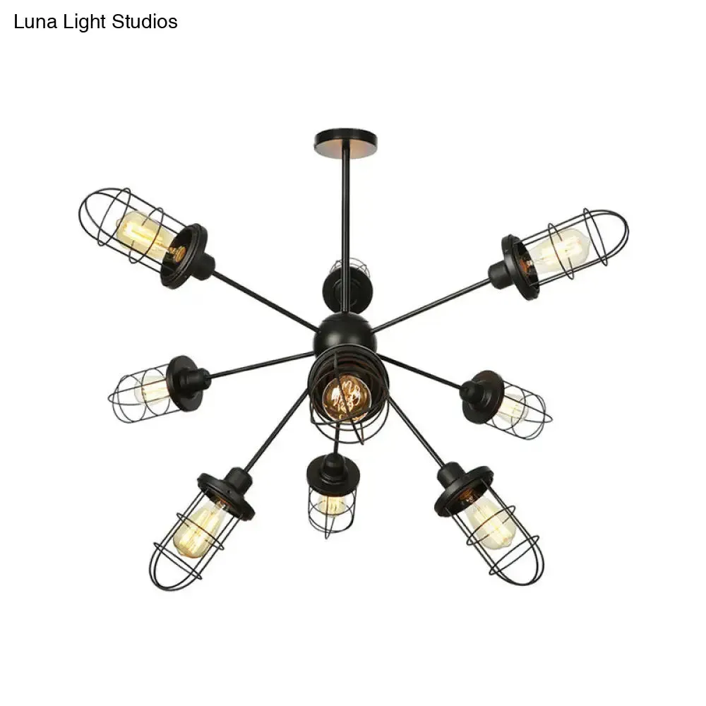 Farmhouse Style Iron Caged Chandelier - 9/12/15 Lights, Sputnik Design, Black Finish