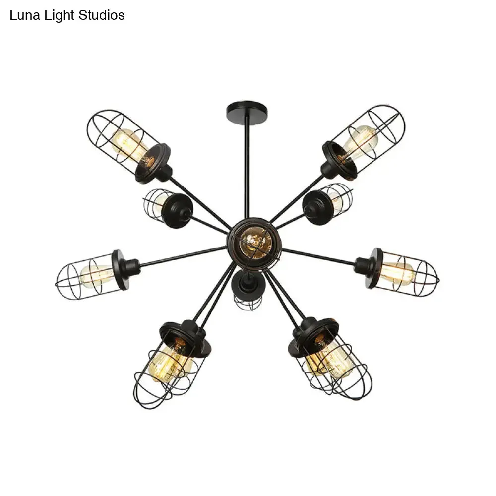 Farmhouse Style Iron Caged Chandelier - 9/12/15 Lights, Sputnik Design, Black Finish