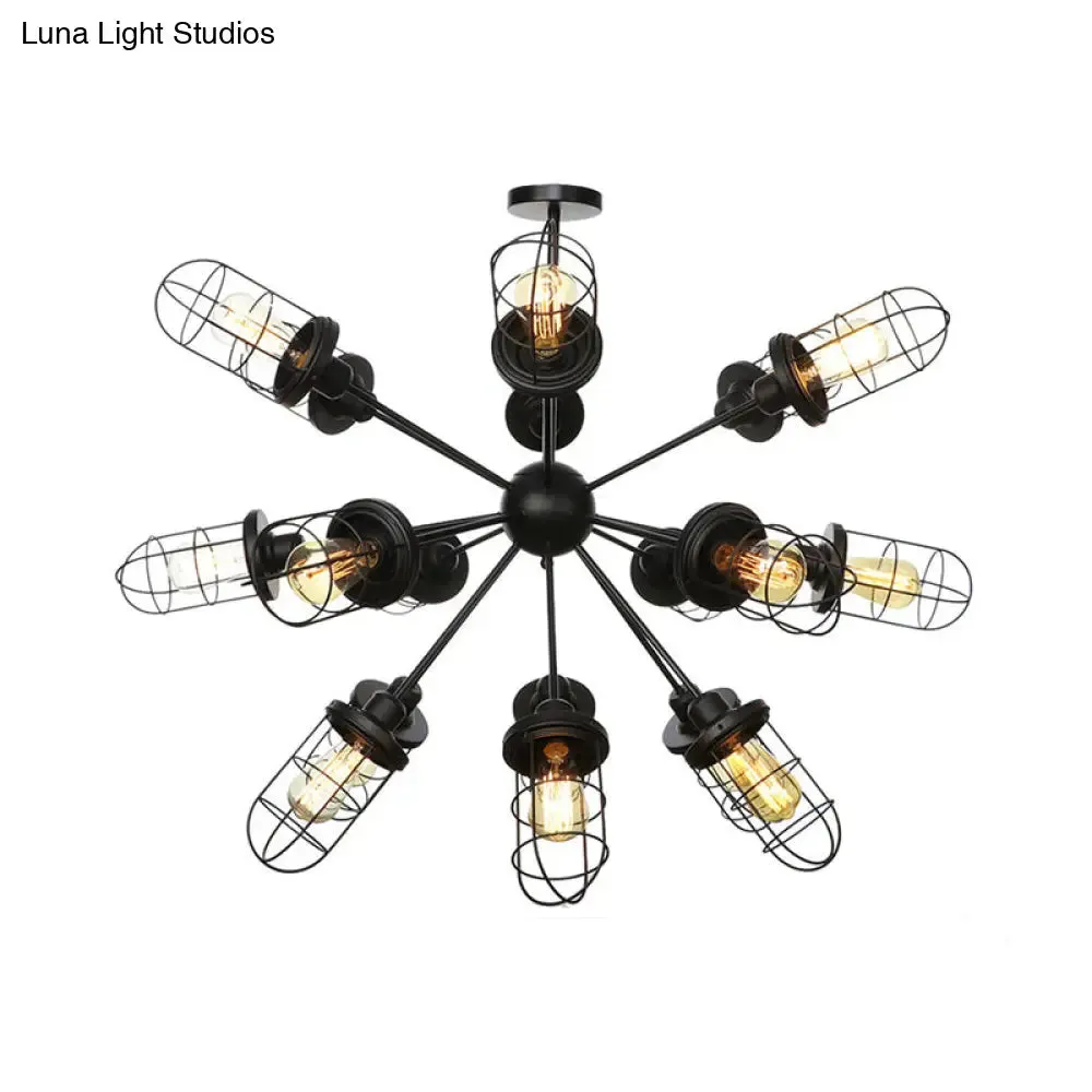 Farmhouse Style Iron Caged Chandelier - 9/12/15 Lights, Sputnik Design, Black Finish