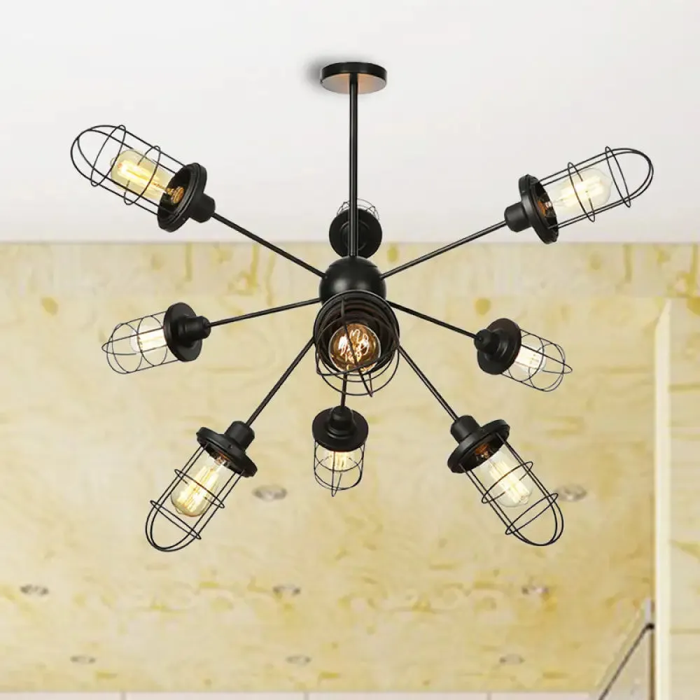 Farmhouse Style Iron Caged Chandelier - 9/12/15 Lights, Sputnik Design, Black Finish