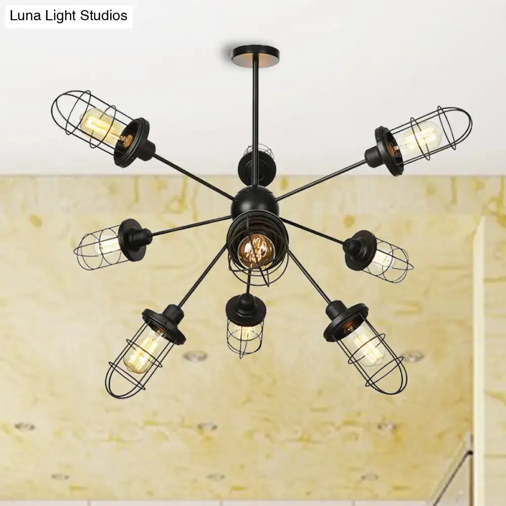 Farmhouse Style Iron Caged Chandelier - 9/12/15 Lights, Sputnik Design, Black Finish