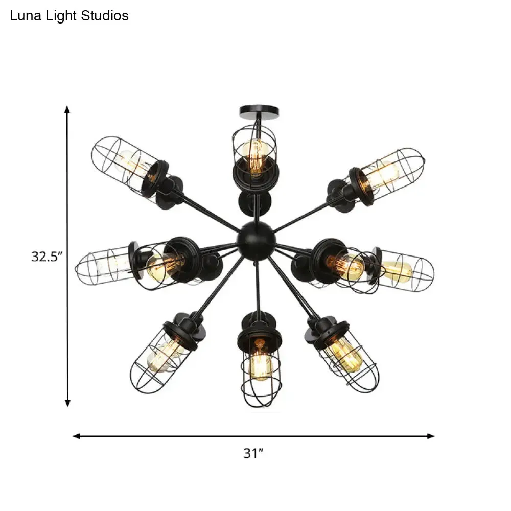 Farmhouse Style Iron Caged Chandelier - 9/12/15 Lights, Sputnik Design, Black Finish