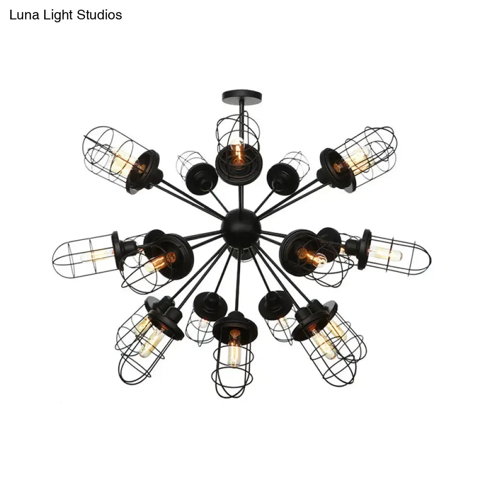 Farmhouse Style Iron Caged Chandelier - 9/12/15 Lights, Sputnik Design, Black Finish