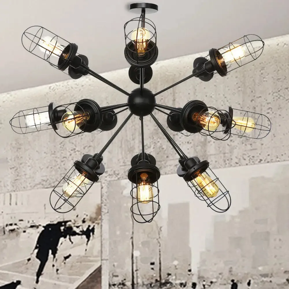 Farmhouse Style Iron Caged Chandelier - 9/12/15 Lights, Sputnik Design, Black Finish