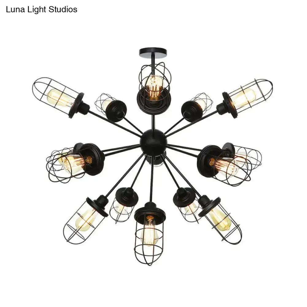 Farmhouse Style Iron Caged Chandelier - 9/12/15 Lights, Sputnik Design, Black Finish