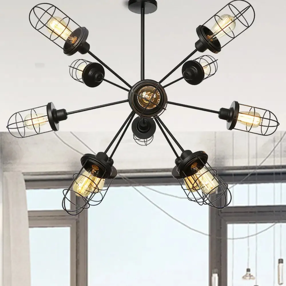 Farmhouse Style Iron Caged Chandelier - 9/12/15 Lights, Sputnik Design, Black Finish