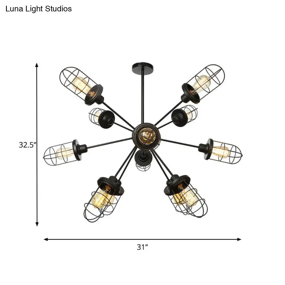 Farmhouse Style Iron Caged Chandelier - 9/12/15 Lights, Sputnik Design, Black Finish