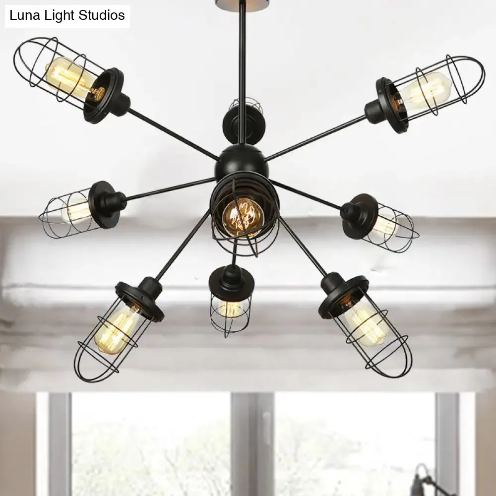 Farmhouse Style Iron Caged Chandelier - 9/12/15 Lights, Sputnik Design, Black Finish