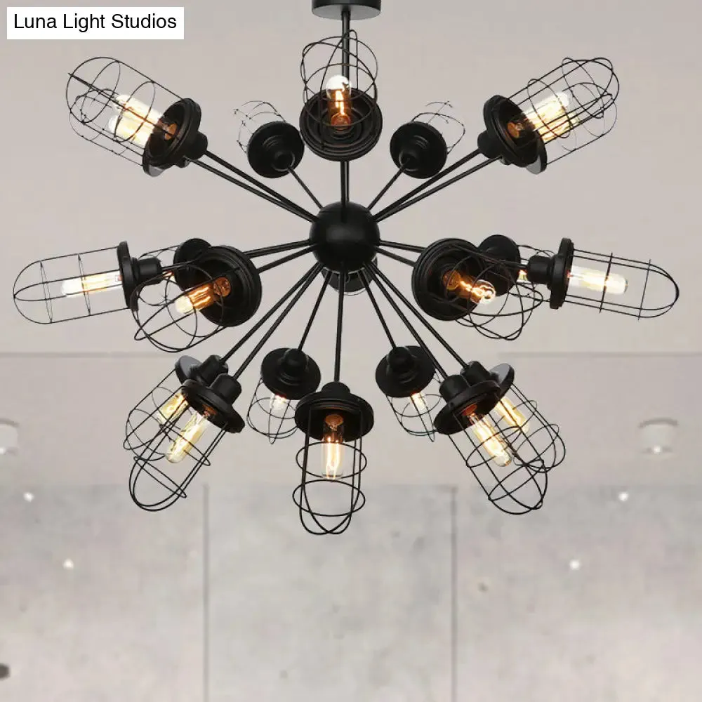 Farmhouse Style Iron Caged Chandelier - 9/12/15 Lights, Sputnik Design, Black Finish