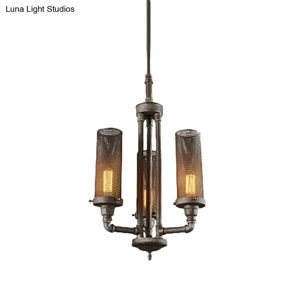 Farmhouse Style Pewter Iron Chandelier with Tube Hanging Lamp - 3/5/8 Lights, Cylinder Mesh Shade