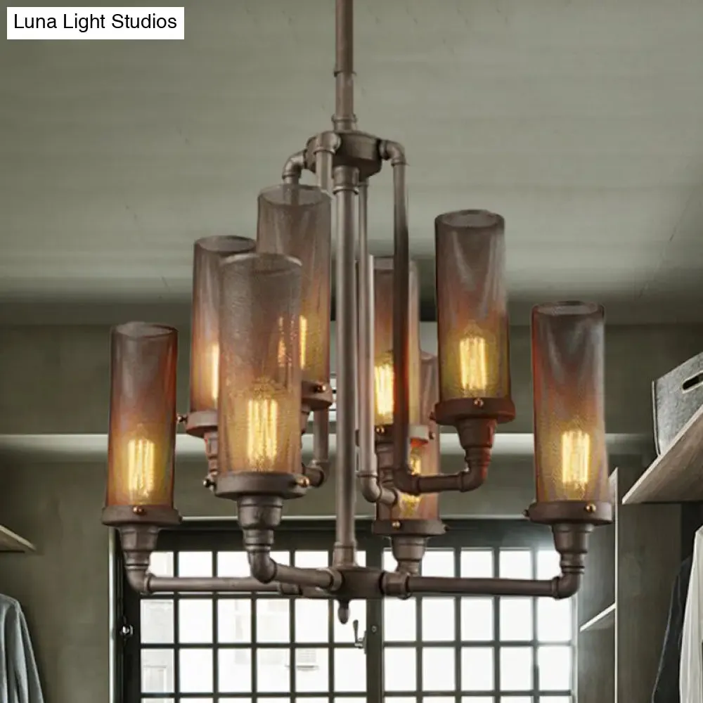 Farmhouse Style Pewter Iron Chandelier with Tube Hanging Lamp - 3/5/8 Lights, Cylinder Mesh Shade