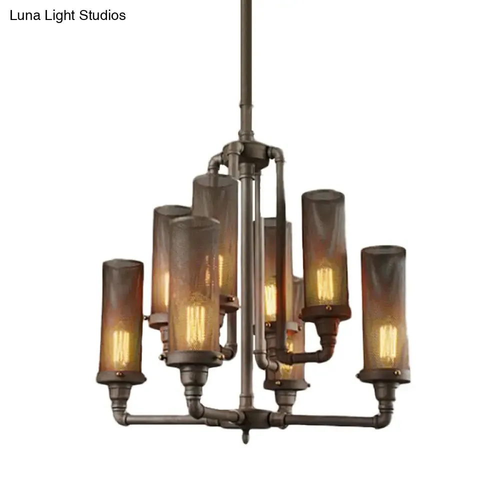 Farmhouse Style Pewter Iron Chandelier with Tube Hanging Lamp - 3/5/8 Lights, Cylinder Mesh Shade