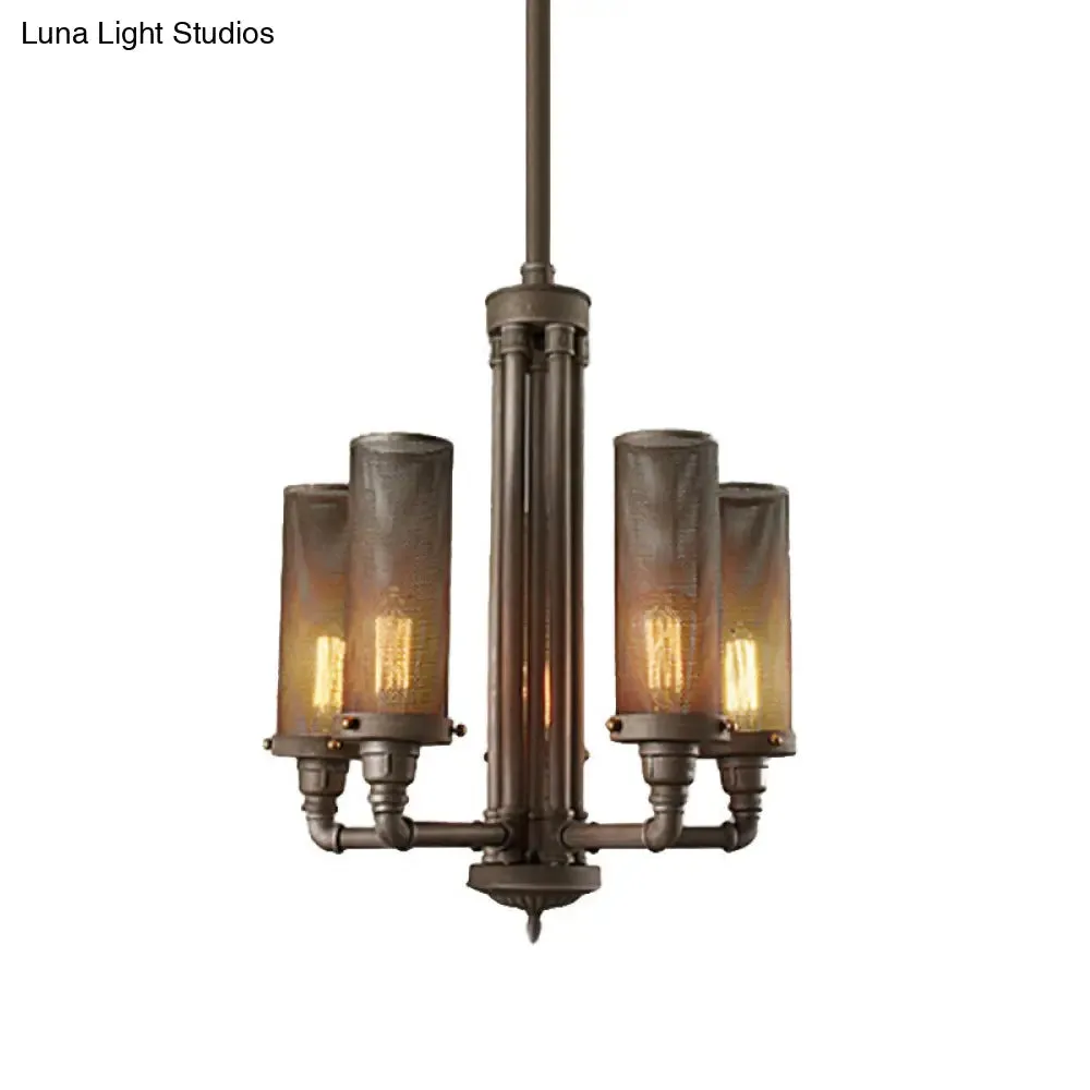 Farmhouse Style Pewter Iron Chandelier with Tube Hanging Lamp - 3/5/8 Lights, Cylinder Mesh Shade