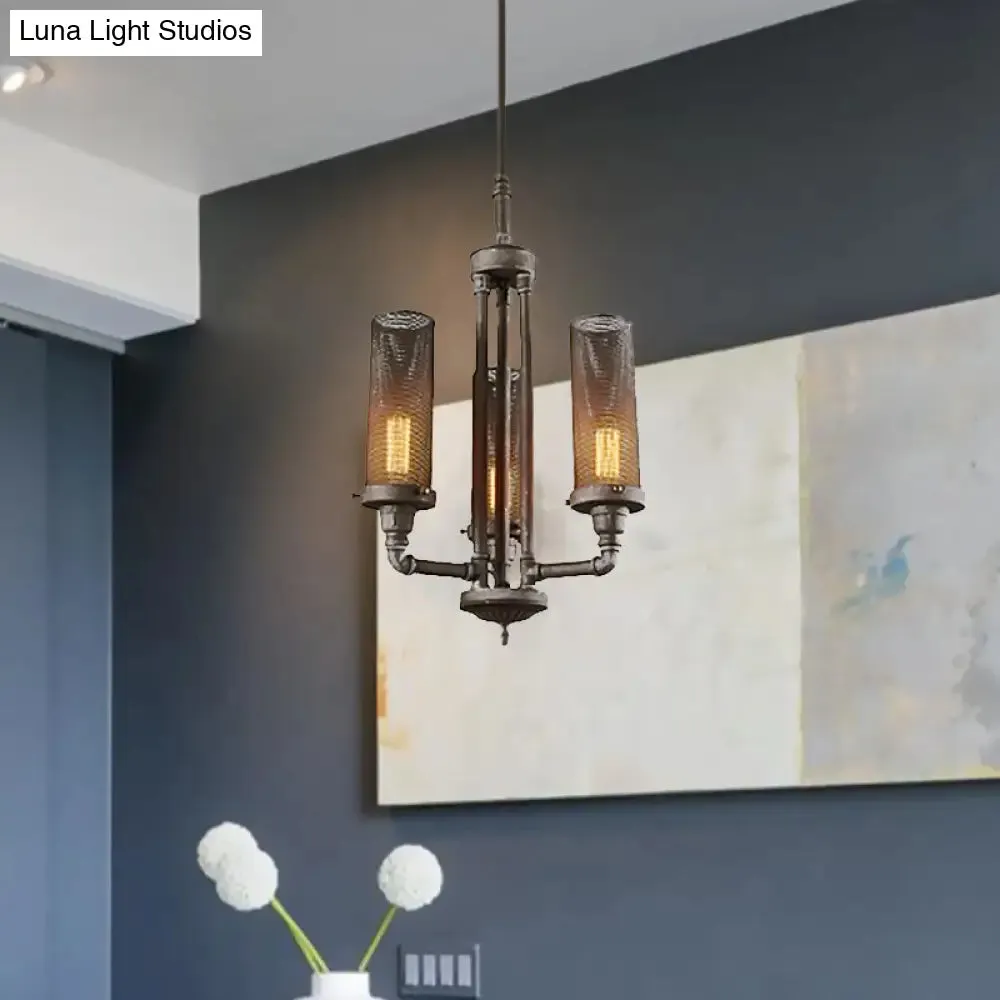 Farmhouse Style Pewter Iron Chandelier with Tube Hanging Lamp - 3/5/8 Lights, Cylinder Mesh Shade