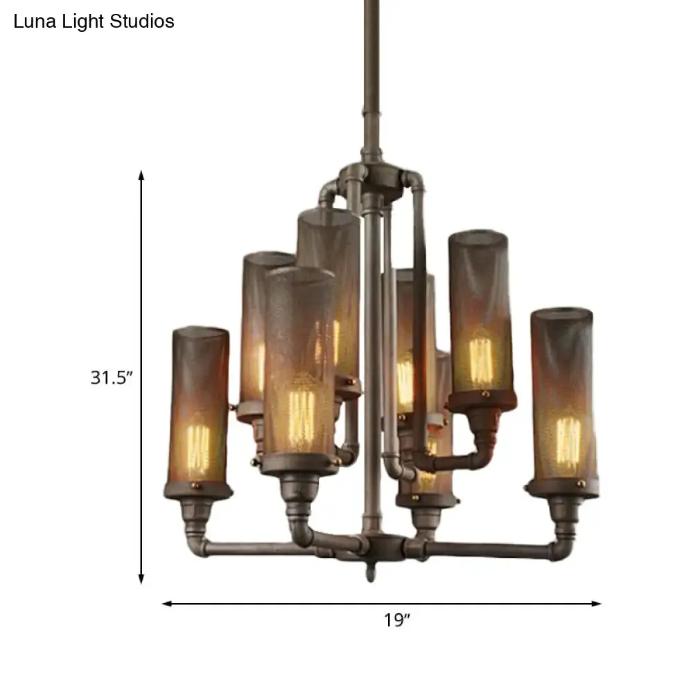 Farmhouse Style Pewter Iron Chandelier with Tube Hanging Lamp - 3/5/8 Lights, Cylinder Mesh Shade