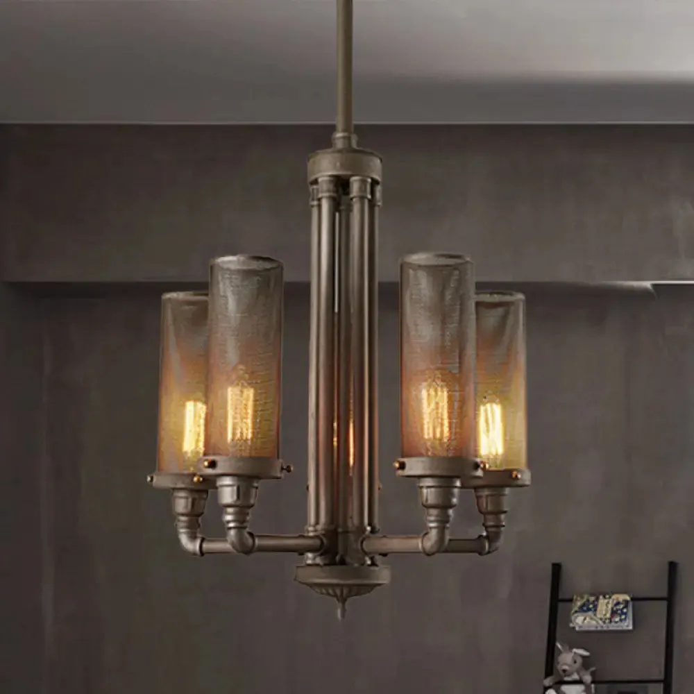 Farmhouse Style Pewter Iron Chandelier with Tube Hanging Lamp - 3/5/8 Lights, Cylinder Mesh Shade