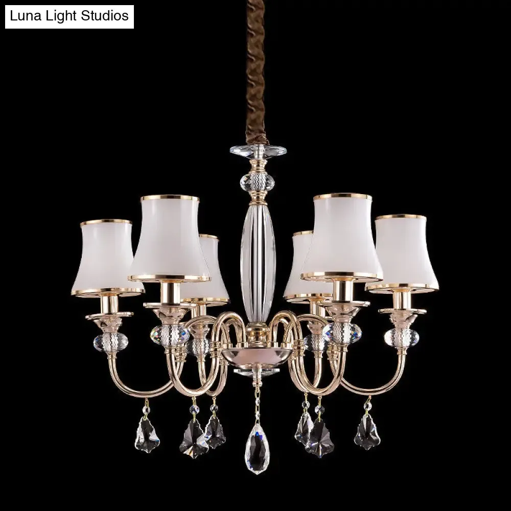 Flared Shade Chandelier - Opaline Glass Hanging Lamp - Gold Finish with Crystal Drop - 6 Bulbs