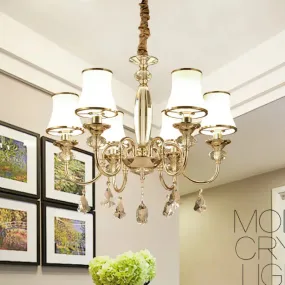 Flared Shade Chandelier - Opaline Glass Hanging Lamp - Gold Finish with Crystal Drop - 6 Bulbs