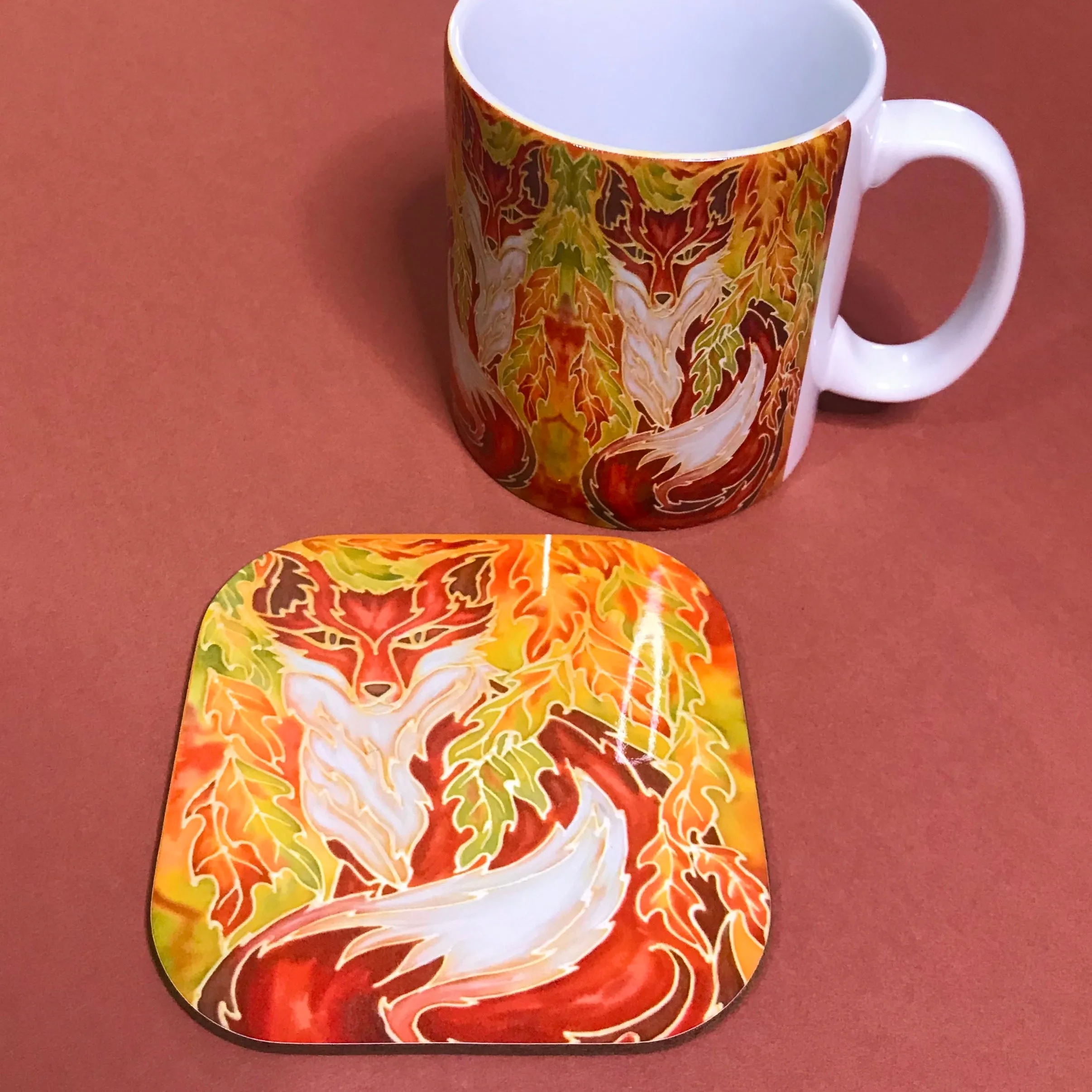 Fox in Oak Leaves Mug & Coaster - Fox Mug Box Set - Green Terracotta Yellow Fox Mug - Fox Lovers Mug Gift