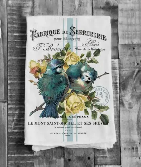 French Birds Roses Swedish Kitchen Tea Towel