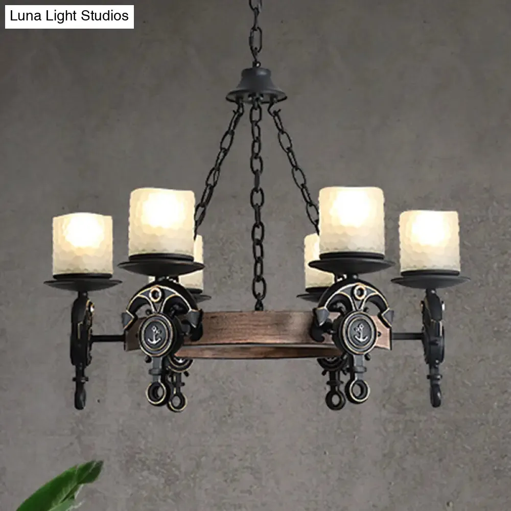 Frosted Glass Coastal Wagon Wheel Chandelier Pendant Light - 6-Light Corridor Hanging Fixture