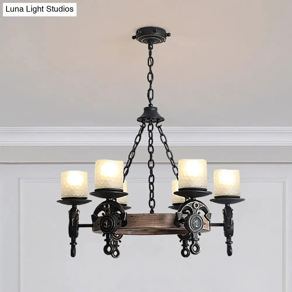 Frosted Glass Coastal Wagon Wheel Chandelier Pendant Light - 6-Light Corridor Hanging Fixture