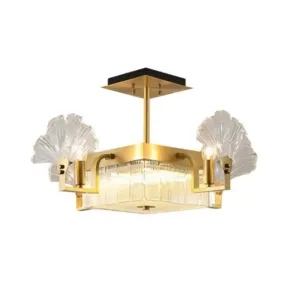 Ginkgo Leaf Shaped Chandelier – Gold Pendant Light Fixture with Ribbed Glass for Living Room