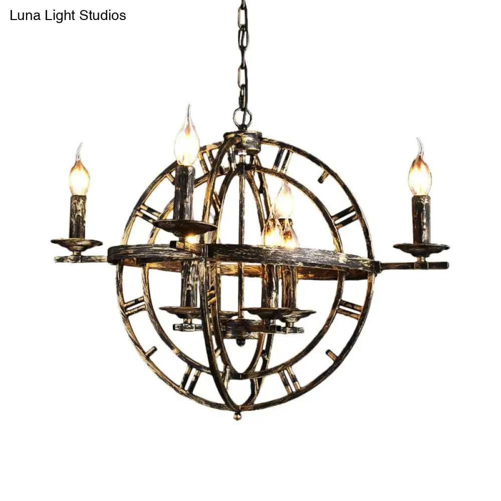 Globe Cage Chandelier - Industrial 6-Bulb Ceiling Light in Bronze/Black with Candle Design