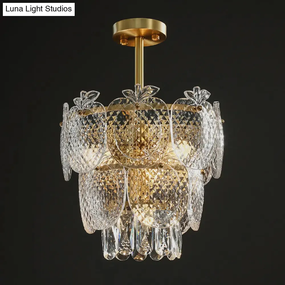 Gold Apple Shaped Chandelier Pendant Light for Living Room: Simplicity Textured Glass Fixture