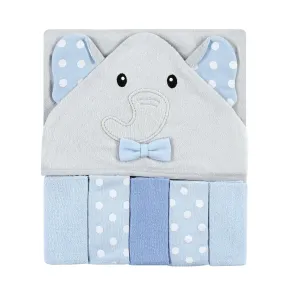 Hudson Baby Hooded Towel and Five Washcloths, White Dots Gray Elephant