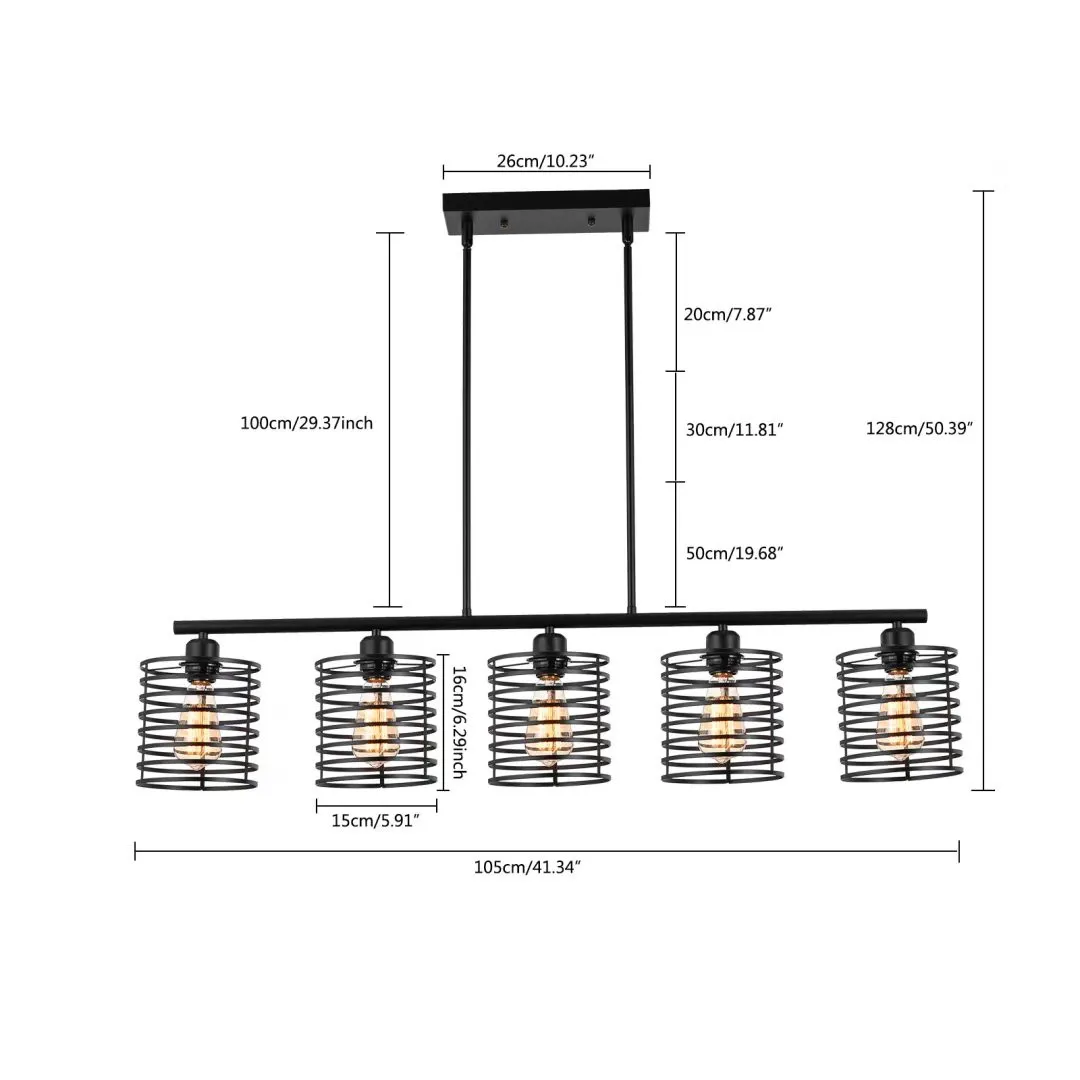 Industrial Black Cage Five Light Metal Pendant Chandelier Fixture