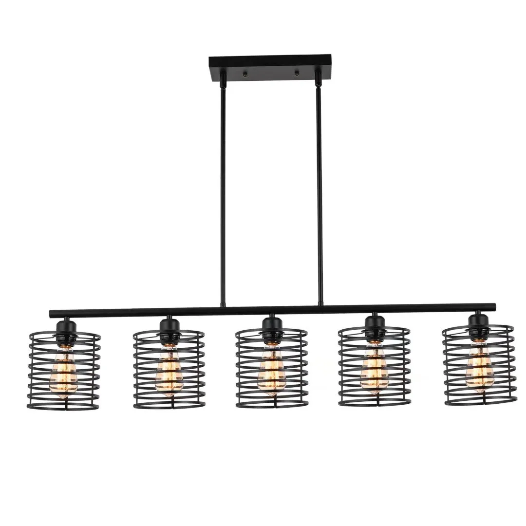 Industrial Black Cage Five Light Metal Pendant Chandelier Fixture