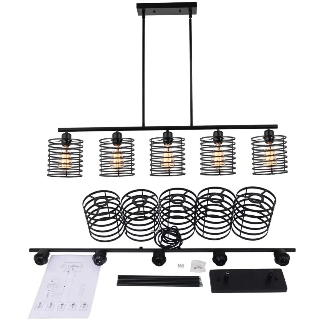 Industrial Black Cage Five Light Metal Pendant Chandelier Fixture