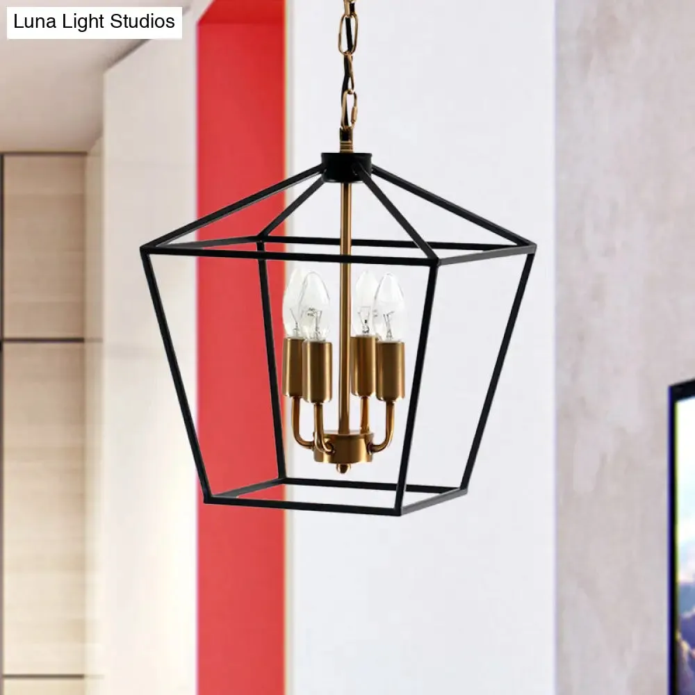 Industrial Black Chandelier with 4 Cage Metal Pendant Lights