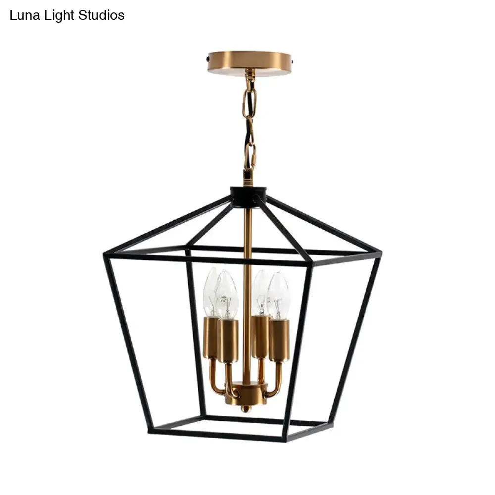 Industrial Black Chandelier with 4 Cage Metal Pendant Lights