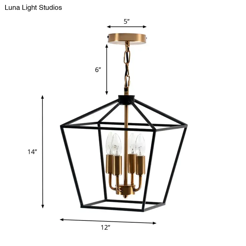 Industrial Black Chandelier with 4 Cage Metal Pendant Lights